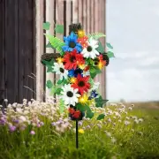Solar Lighted Cross Stake Daisies Gravesite Marker Cemetery Tombstone Decoration