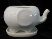 Cute White Ceramic Mom Elephant Planter Small Trunk Up w/Saucer NIB