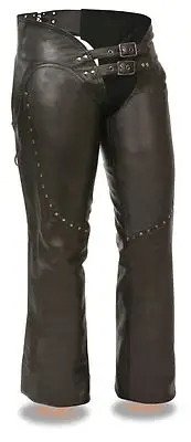 Ladies Riveted Naked Cowhide Leather Low Rise Biker Chaps w/ Double Buckle Front