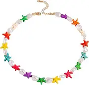 [IQPDYV] Starfish Choker Necklace for Women Colorful Starfish Beaded Charm Choker Necklace Dainty Baroque Pearl Beaded Necklace Boho Summer Ocean Jewelry Gift for Women