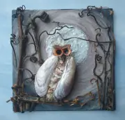 Hand Made Seashell Owl on Painted Canvas Whimsical Wall Hanging 6" by 6"