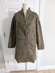 Old Navy Leopard Print Long Line Coat Textured Jacquard Size Medium Old Money