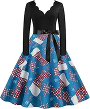 [Generic] Summer Woman Women Vintage Long Sleeve V Neck Christmas 1950s Housewife Evening Party Prom Party Beach Dress Dresses for Women Which