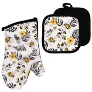 Printed Set of 3: 2 Potholders & 1 Oven Mitt, BEES & LEAVES, black back, GR