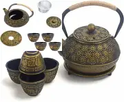 6 piece Japanese Cast Iron Teapot Tea Cup Set w/Trivet, Golden Cherry (30 oz)