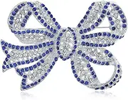 [Bling Jewelry] Victorian Vintage Style Winter Wedding Holiday Royal Blue White Glittering Crystal Pave Bridal Fashion Large Statement Filigree Ribbon Bow Scarf Brooch Pin for Women Silver Rose Plated