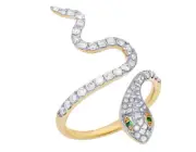 Emerald-Eyed Real Diamond Snake Ring 3/4 CT Yellow-White Gold 10K