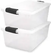 2-Pack Latching Lid, Large Clear Plastic Storage Bins with Lids, 64 Quart, Gray