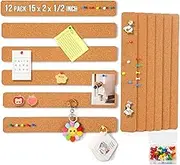 Small Cork Board Pinboard, 12 Pack 15 x 2 x 0.5 in Adhesive Cork Board Strips for Walls Office with 50 Push Pins for Paste Notes, Photos, Schedules