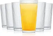 INSETLAN Ribbed Glass Tumbler Set of 6 – 16 oz Striped Highball Glasses for Cocktails, Smoothies, Iced Coffee, Whiskey, Juice – Stylish and Durable Drinking Glasses for Home, Kitchen, and Parties