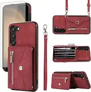 [Asuwish] Phone Case for Samsung Galaxy S23 5G Wallet Cover with Wrist Crossbody Strap Lanyard Credit Card Holder Stand Leather Cell Accessories S 23 23S GS23 G5 SM-S911U 6.1 inch Women Men Red