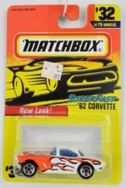 1997 Matchbox Superfast '62 Corvette White w/ Orange Flames NOC