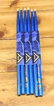 3-PACK Vater 5B Blue Sparkle Color Wrap Hickory Wood Tip Drumsticks, NEW