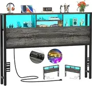 Aheaplus - Queen Headboard with Storage, Headboards with Outlets, USB Ports and LED Light, Queen Size, Adjustable Height, Reversible Headboard, Sturdy and Stable, Oak