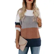 Nevenka Women's Crew Neck Long Sleeve Color Block Knit Casual Pullover Jumper Tops-Coffee-20025