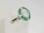 14K White Gold Finish Lab Created Diamond Emerald Art Deco Style Wedding Ring