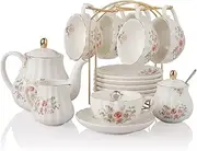 [Sweejar Home] Porcelain Tea Set Royal Family 225 ml to Cups and Saucers with Teapot Sugar Bowl Milk Ceramic Tea and Coffee Cups (Rose Flower)