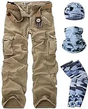 [HanzhuoLG] Men Cargo Overalls Tactical Military Camouflage Pants Work Training Camo Combat Offroad Army Male Clothing Baggy Large Size Straight Trousers For Men's + Sun Protection Kit khaki S