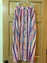 New Terra & Sky Womens Plus Size Skirts Multicolor Stripe Maxi Button Front