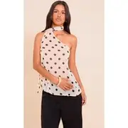 Petite Cream Sheer Polka Dot Tie Halterneck Top, Cream
