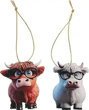 Highland Cow Hanging Ornament 2pcs Scottish Highland Cow Hanging Decor Acrylic Highland Cattle Christmas Tree Decorations for Xmas Tree Door Decor/958