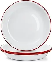 Lawei Set of 4 Enamel Dinner Plates, 10 Inch Round Enameled Camping Plate with Red Rim, Retro Salad Pasta Bowls Enamel Deep Dinner Serving Platter for Dinner, Outdoor, Picnic, BBQ, Butter