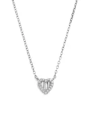 Diamond Round and Baguette Heart Pendant Necklace in 14K White Gold, .10 ct. t. w.