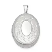 Sterling Silver Rhod-Plated Polished & Satin Leaf Border 19mm Oval Locket