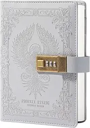 TIEFOSSI Phoenix Journal Notebook with Lock, Vintage Leather Locked Diary, B6 Travel Refillable Ruled Lined Writing Paper, Secret Password Gift Diary for Women Girls Boys (Grey)