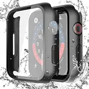 Misxi [2 Pack] Waterproof Black Hard Case with Tempered Glass Compatible with Apple Watch Series 6 SE Series 5 Series 4 44mm, Ultra-thin Durable Protective Cover for iWatch Screen Protector