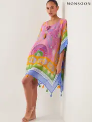 Monsoon Pink Monika Floral Print Mini Kaftan (F83213) | $104