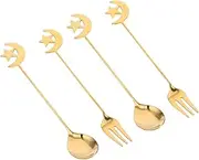 Amosfun Metallic Star Moon Fork Spoon Set 4pcs Stainless Steel for Decorative Serving and Dessert Tableware