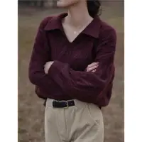 在飛比找ETMall東森購物網優惠-套頭酒紅色polo針織衫上衣女秋冬季打底衫內搭設計感小眾羊絨