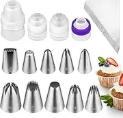 Large Piping Tips, 10 Pcs Stainless Steel Frosting Tips Set with 4 Couplers and 20 Disposable Pastry Bags, Large Icing Cupcake Decorating Tips for Pastry Cake