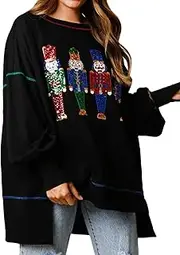[NUFIWI] Women Christmas Sequin Graphic Sweatshirts Cute Xmas Santa Oversized Pullovers Funny Holiday Sparkly Sweater Tops