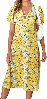 [SHINsuke] Women Cute Summer Floral Midi Dress, Yellow Casual Spring Puff Sleeve V Neck Tunic Long A-Line Swing Dresses Beach Holiday