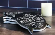Set Of 4 Wicca Occult Witches Brew Pentagram Cauldron Ceramic Cork Coasters