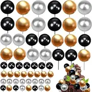 87 PCS Ball Cake Topper Foam Balls Cake Decorations Valentine's Day Cupcake Toppers Insert Bubble Balls for Birthday Wedding Disco Anniversary Baby Shower Party Decor Supplies (Gold Black Silver)