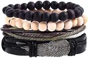 [LORJE] Mix 4 Wrap Men Bracelets, Hemp Cords Wood Beads Ethnic Tribal Bracelets Cuff Bracelets, Leather Wristbands Cool Bracelets