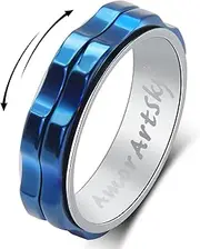 [AmorArtSky] Fidget Rings for Women Men Anxiety: Titanium Stainless Steel Spinner Gear Ring Thumb Ring Mens Wedding Band Ring Silver Blue Black Tone Size 6 7 8 9 10