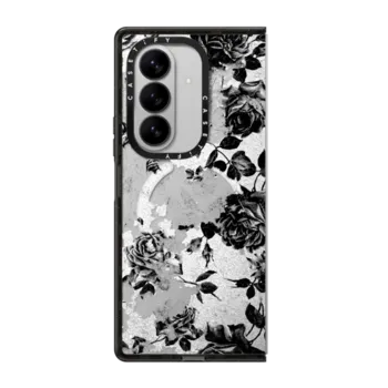 Galaxy Z Fold7 Impact Magnetic Case Black and White Roses Flowers Pattern in Crackling Paint on Transparent Background