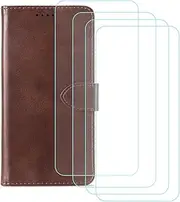 LCEHTOGYE Cover for Vivo IQOO Neo8 Pro + 4 Slice HD Tempered Glass,Shell PU BracketBumper Protective Back Case - Anti-Scratch Screen Protector for Vivo IQOO Neo8 Pro-QKXNPT - Brown