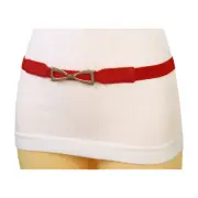 Women Red Elastic Skinny Pant Jeans Loop Belt Gold Metal Bow Tie Buckle S M