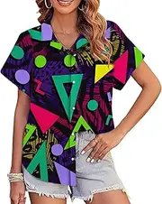 80s 90s Outfits for Women 80s Party Themed Outfit Shirt 90s Hawaiian Button Down Shirts Retro Neon Disco tee Tops