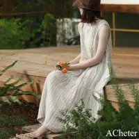 在飛比找momo購物網優惠-【ACheter】條紋文藝長款裙無袖圓領亞麻感氣質連身裙寬鬆