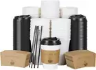 100 Pack 12 Oz Disposable Coffee Cups with Lids, Sleeves & Straws - White