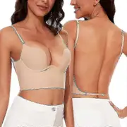 Low Back Bras For Women-seamless Deep U Plunge Backless Bras Convertible Multiway Low Cut Open Back - Nude 34A