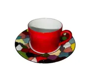Taitu Italy Emilio Bergamin Deici 6 Cups & Saucers 1986 Post Modern Red & Mosaic
