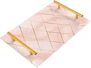 Pink Marble Stone Golden Lines Decorative Tray Vanity Tray Kitchen Bathroom Tray Sink Vanity Trays with Handles Serving Perfume Jewelry Dish Organizer for Dresser Bedroom