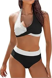 [Generic] Women's High-Waisted Bikini Set Tummy Control Swimsuit Color Matching Flower Print Chest Cross Bikini Push-Up 2 Piece Swimsuit Sexy Bathing Suit Slimming Swimwear